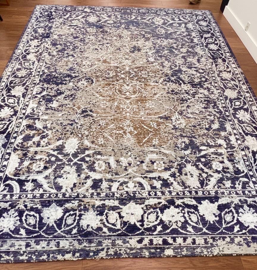 9x12 ft Indigo & Cream Oriental Hand-Knotted Wool Rug