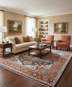 Antique Inspired Heriz Serapi Wool Rug - Hand Knotted Terracotta & Navy Area Rug