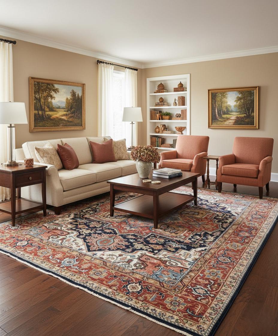 Antique Inspired Heriz Serapi Wool Rug - Hand Knotted Terracotta & Navy Area Rug