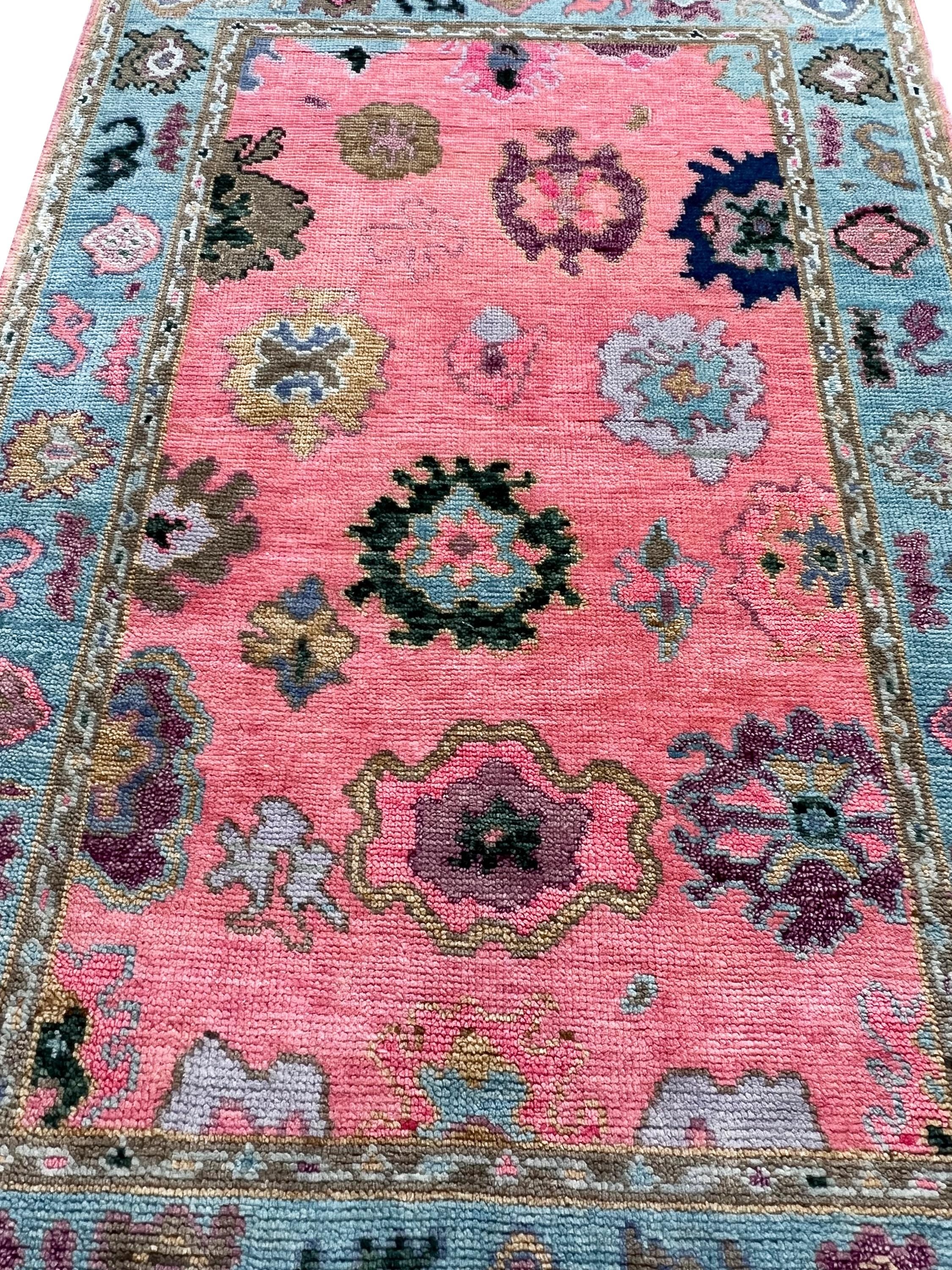 Hand Knotted Pink Oushak Rug Turkish Wool Area Rug, Modern Floral Muted Rug Custom sizes -4x6 5x8 6x9 8x10 9x12 10x14 12x15