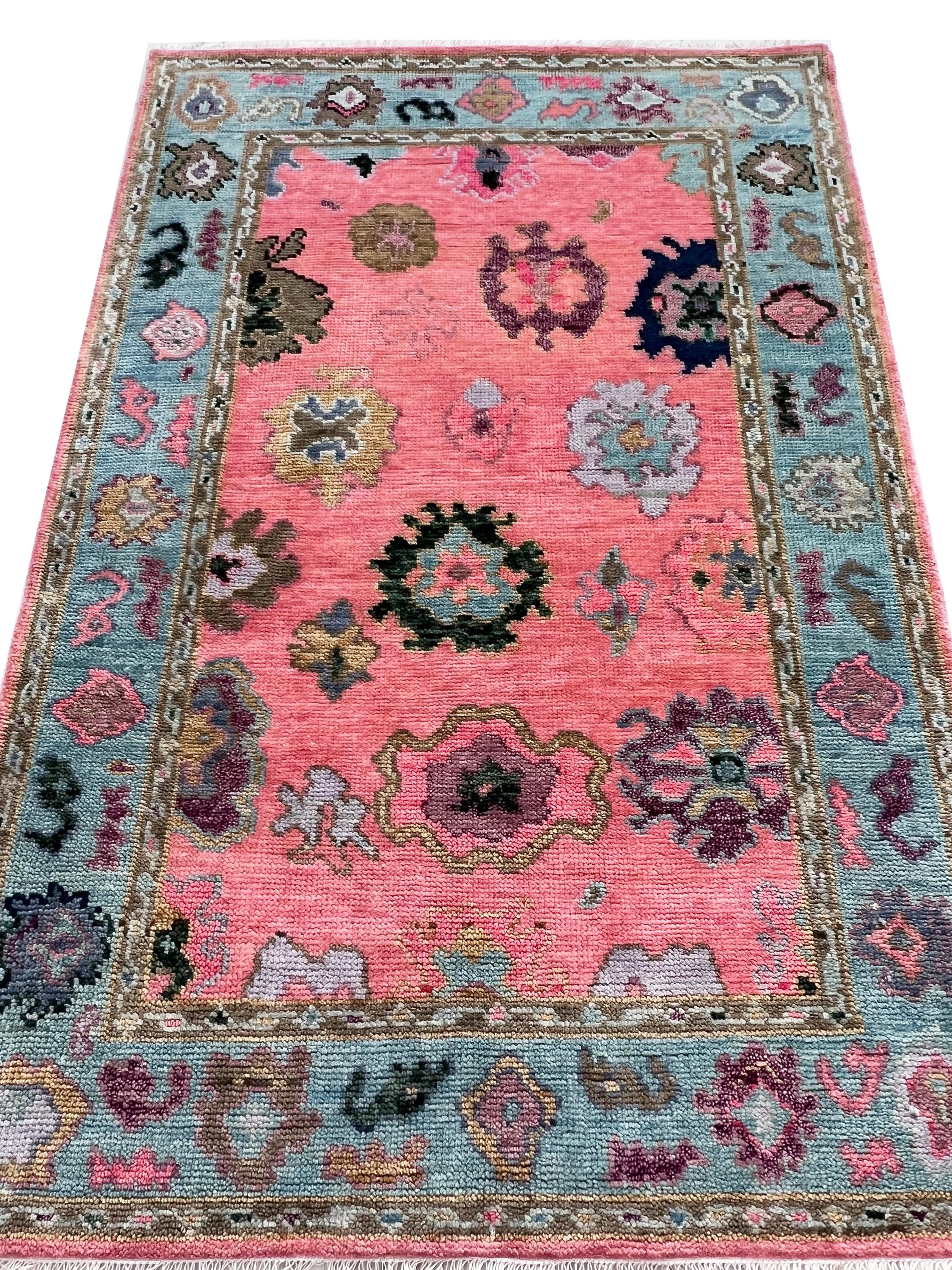 Hand Knotted Pink Oushak Rug Turkish Wool Area Rug, Modern Floral Muted Rug Custom sizes -4x6 5x8 6x9 8x10 9x12 10x14 12x15