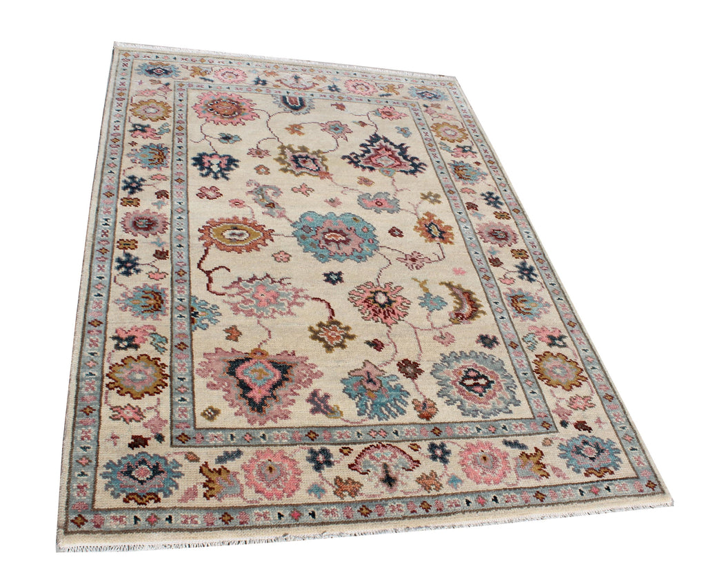 Hand Knotted Oushak Rug Ivory Turkish Wool Area Rug
