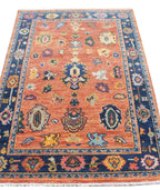 Hand Knotted Oushak Rug Orange Blue Turkish Wool Area Rug