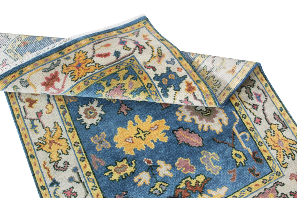 Hand Knotted Oushak Rug Blue Ivory Turkish Wool Area Rug