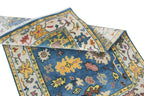Hand Knotted Oushak Rug Blue Ivory Turkish Wool Area Rug