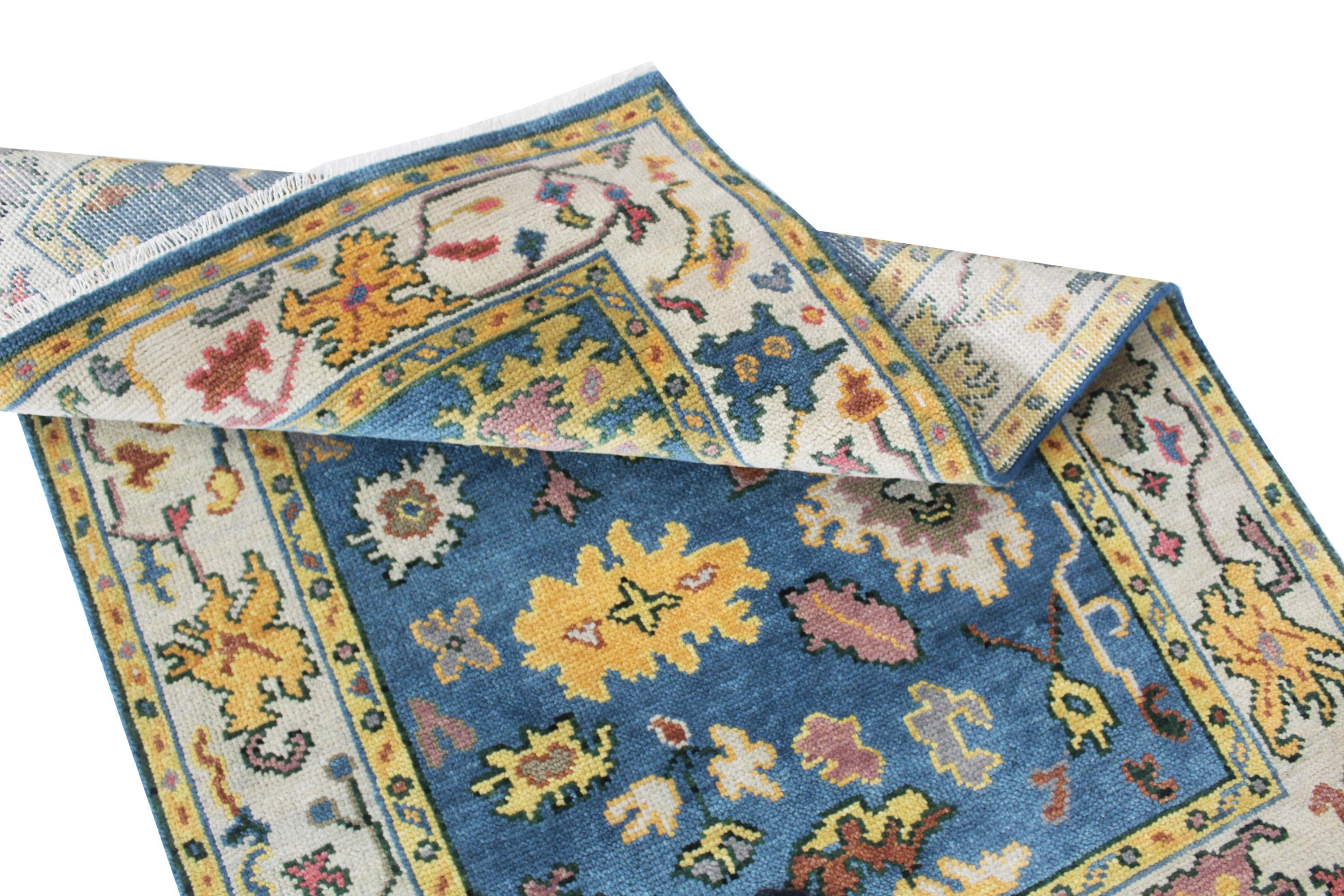 Hand Knotted Oushak Rug Blue Ivory Turkish Wool Area Rug