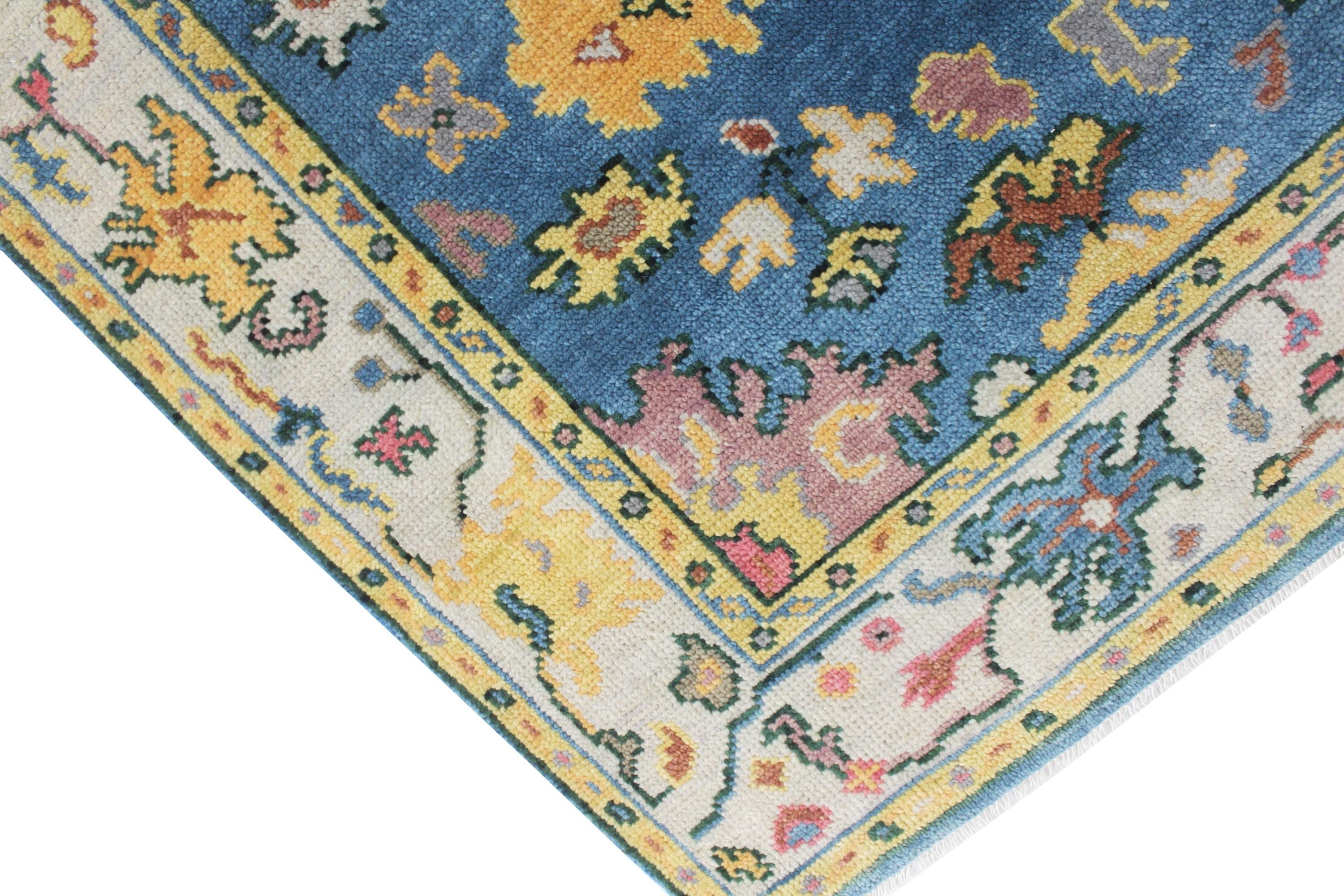 Hand Knotted Oushak Rug Blue Ivory Turkish Wool Area Rug