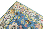 Hand Knotted Oushak Rug Blue Ivory Turkish Wool Area Rug