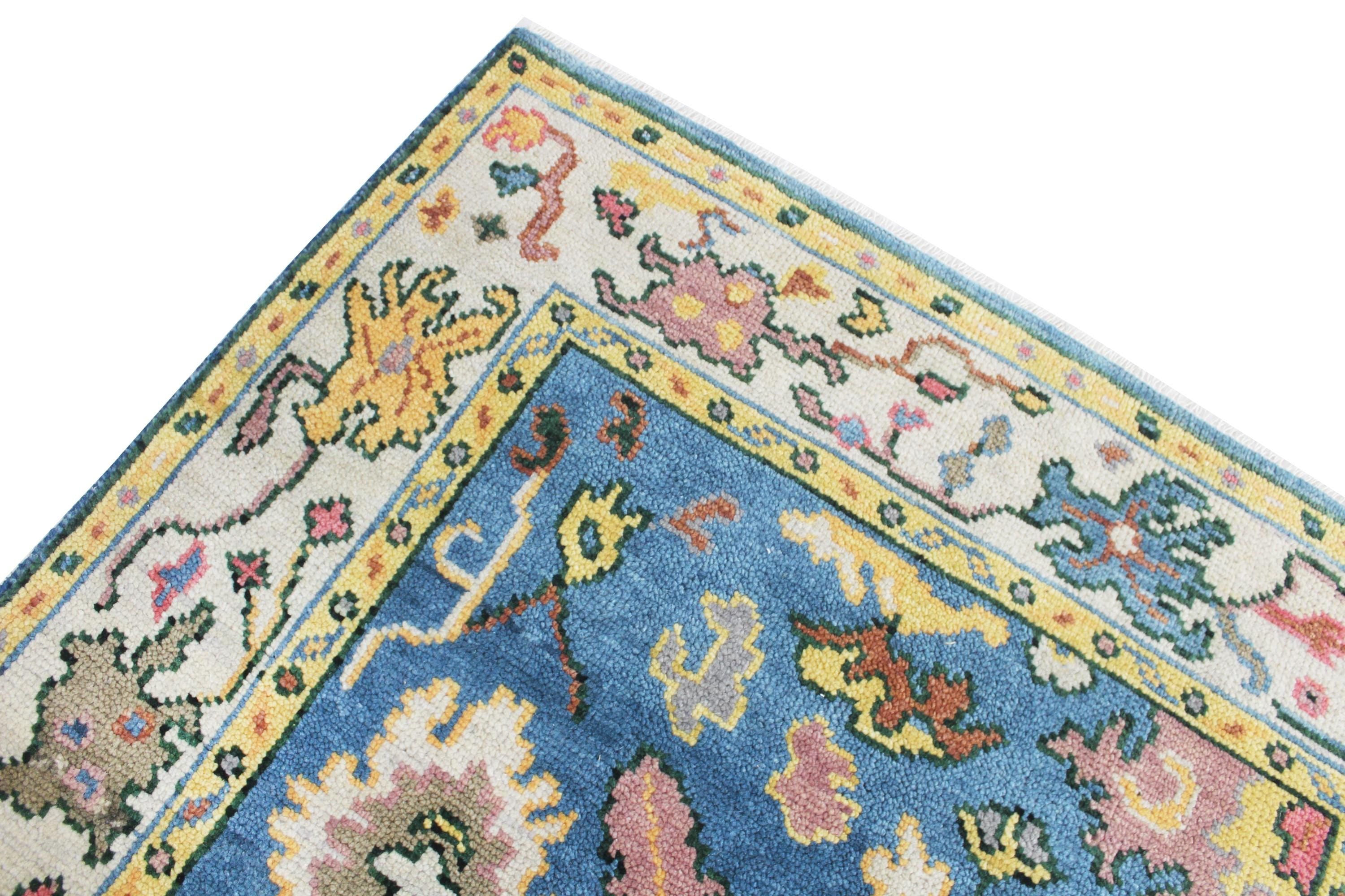Hand Knotted Oushak Rug Blue Ivory Turkish Wool Area Rug