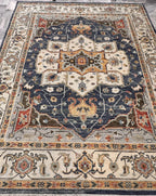 8x10 Hand-Knotted Mid-Century Modern Area Rug | Earthy Blue, Sage Green & Cream