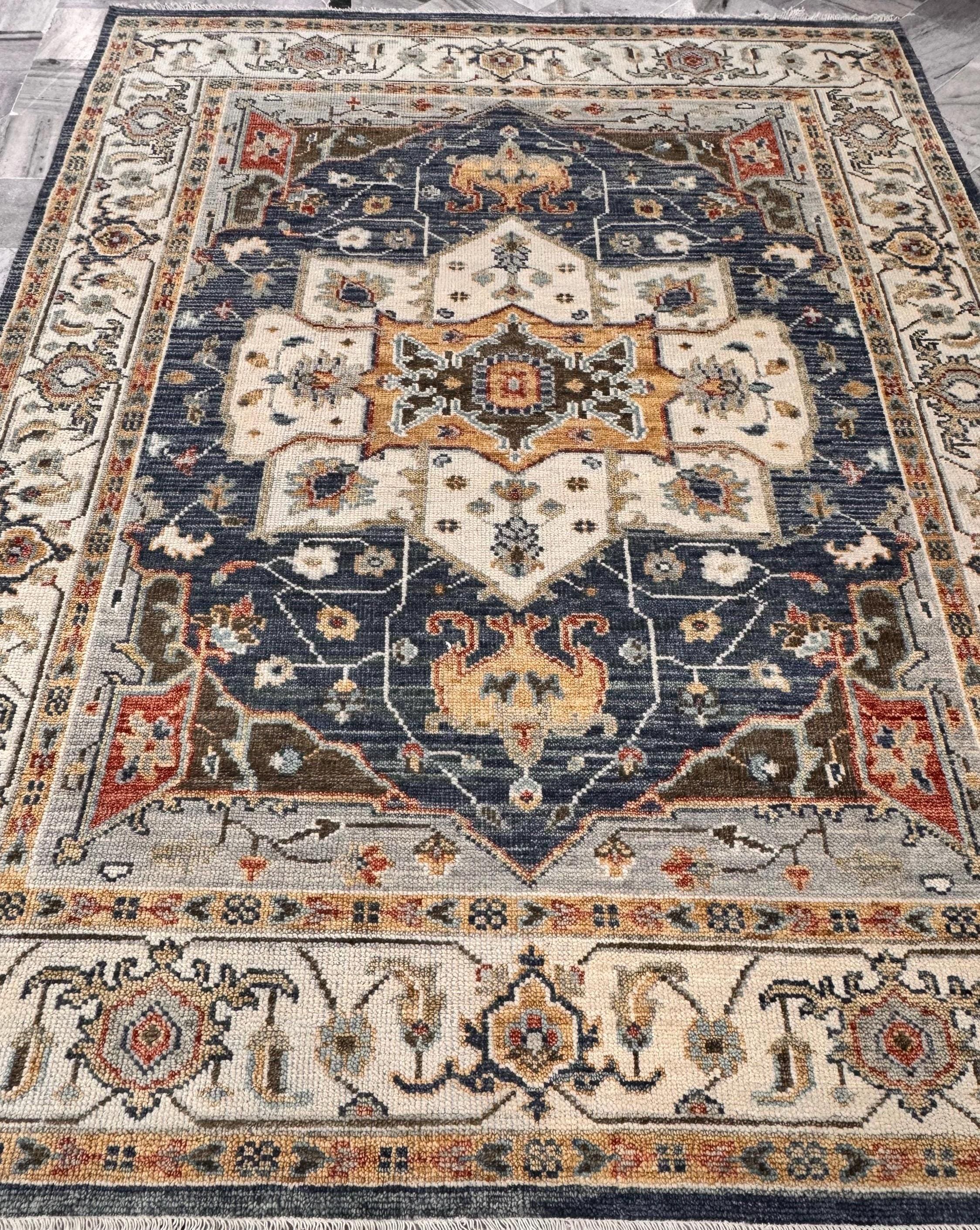 8x10 Hand-Knotted Mid-Century Modern Area Rug | Earthy Blue, Sage Green & Cream