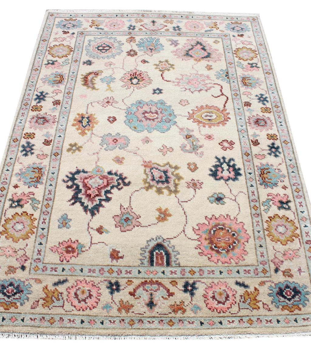 Hand Knotted Oushak Rug Ivory Turkish Wool Area Rug