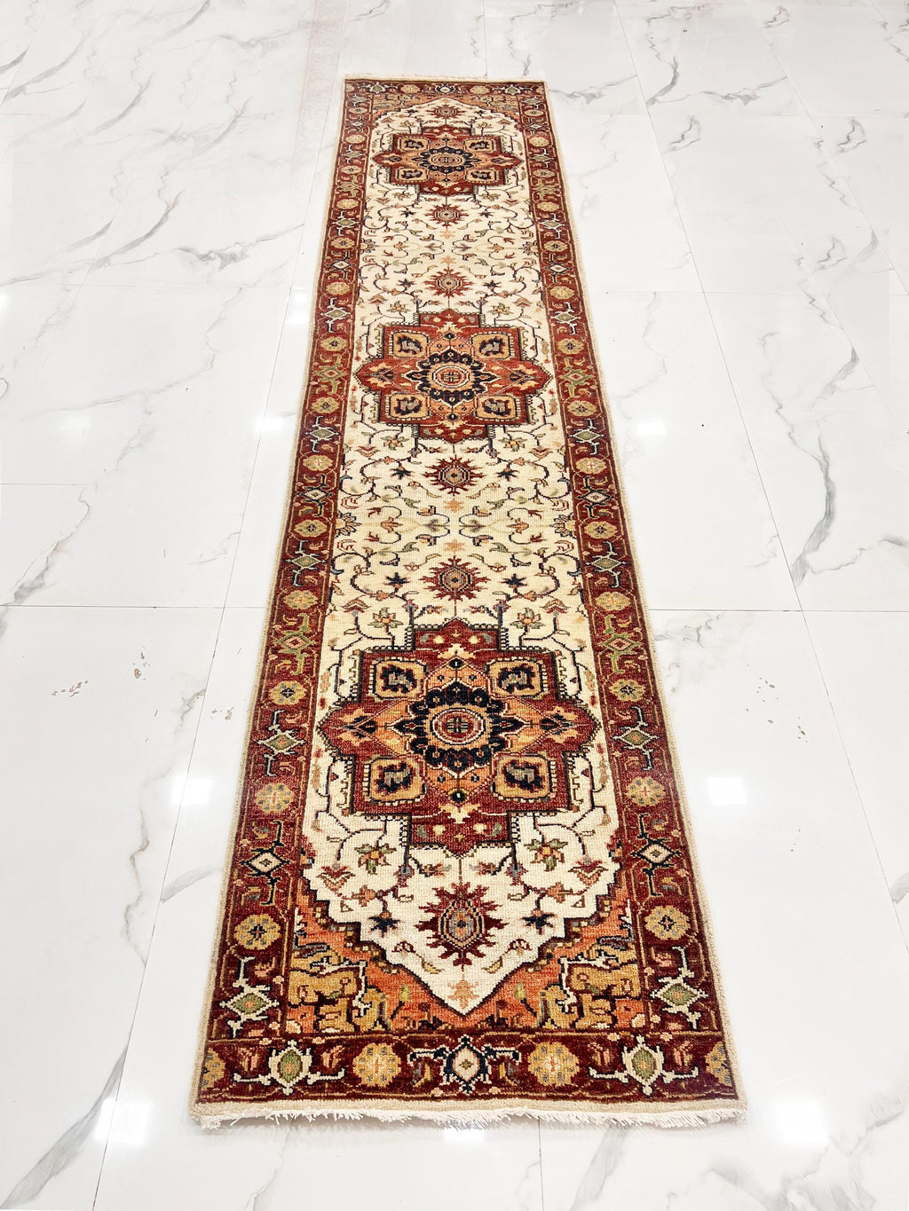 Rare 11.6 ft Antique Inspired Hand-Knotted Wool Runner– 2.7 x11.6 –Traditional Persian Style Entryway Rug, Rust, Cream & Ochre Hallway Decor