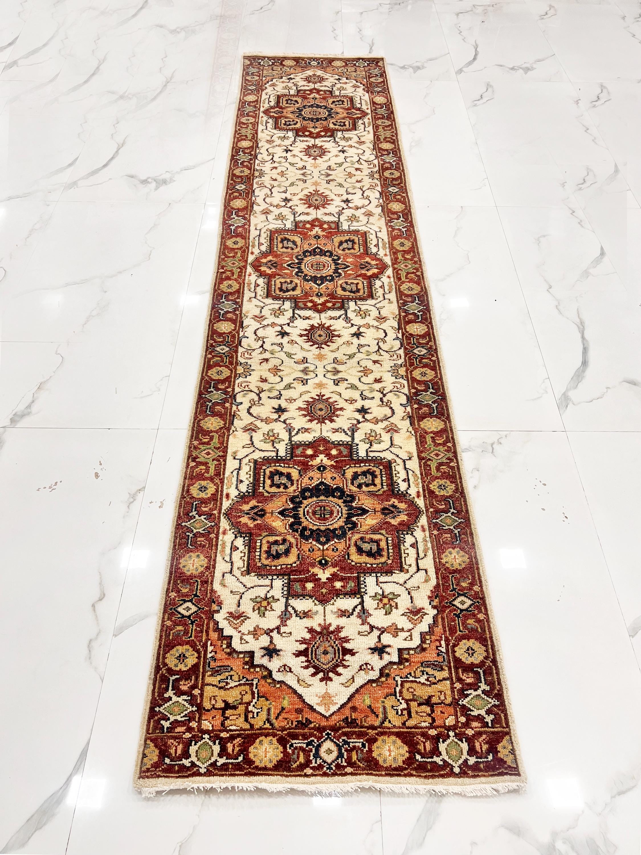Rare 11.6 ft Antique Inspired Hand-Knotted Wool Runner– 2.7 x11.6 –Traditional Persian Style Entryway Rug, Rust, Cream & Ochre Hallway Decor