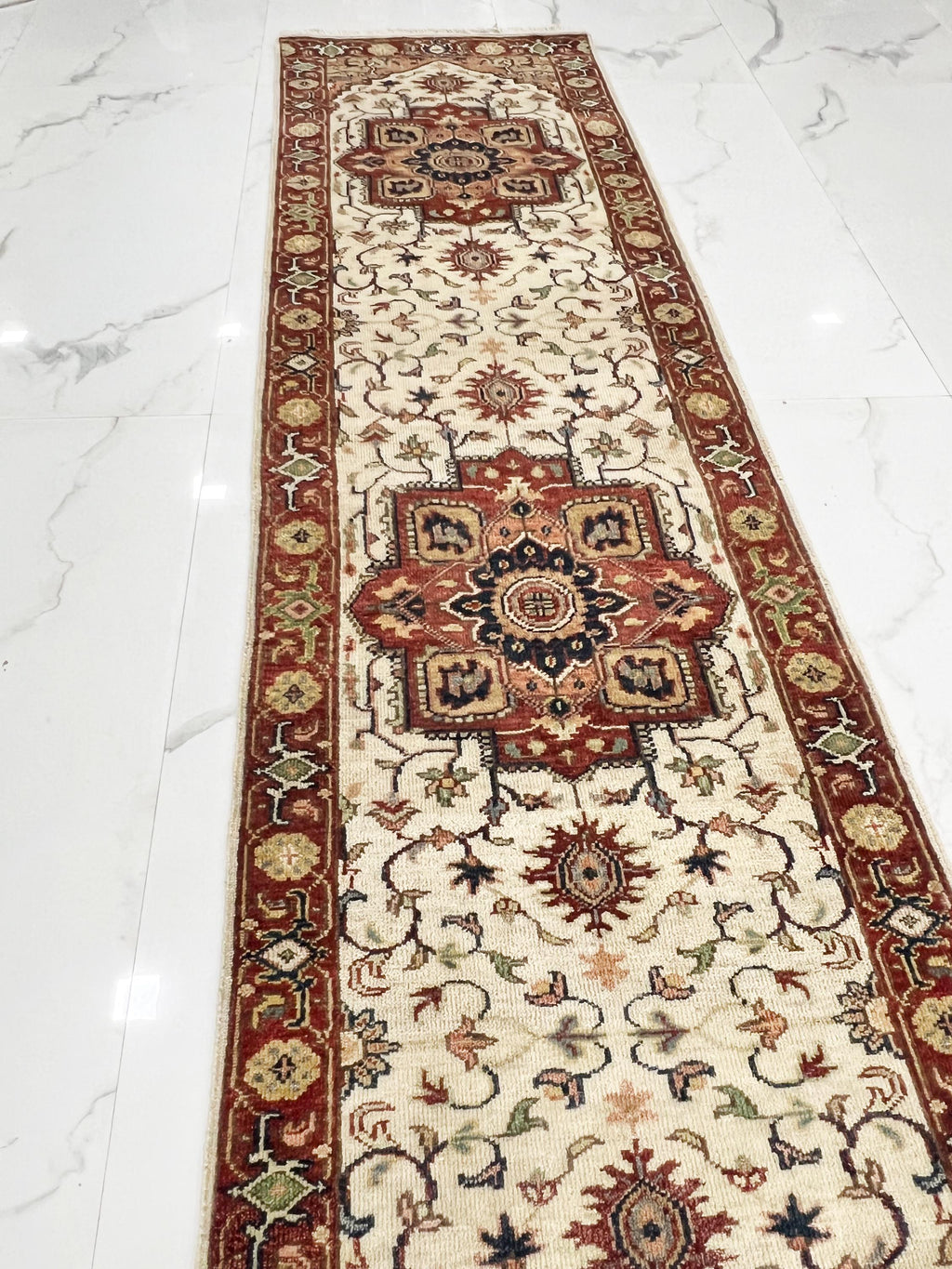 Rare 11.6 ft Antique Inspired Hand-Knotted Wool Runner– 2.7 x11.6 –Traditional Persian Style Entryway Rug, Rust, Cream & Ochre Hallway Decor
