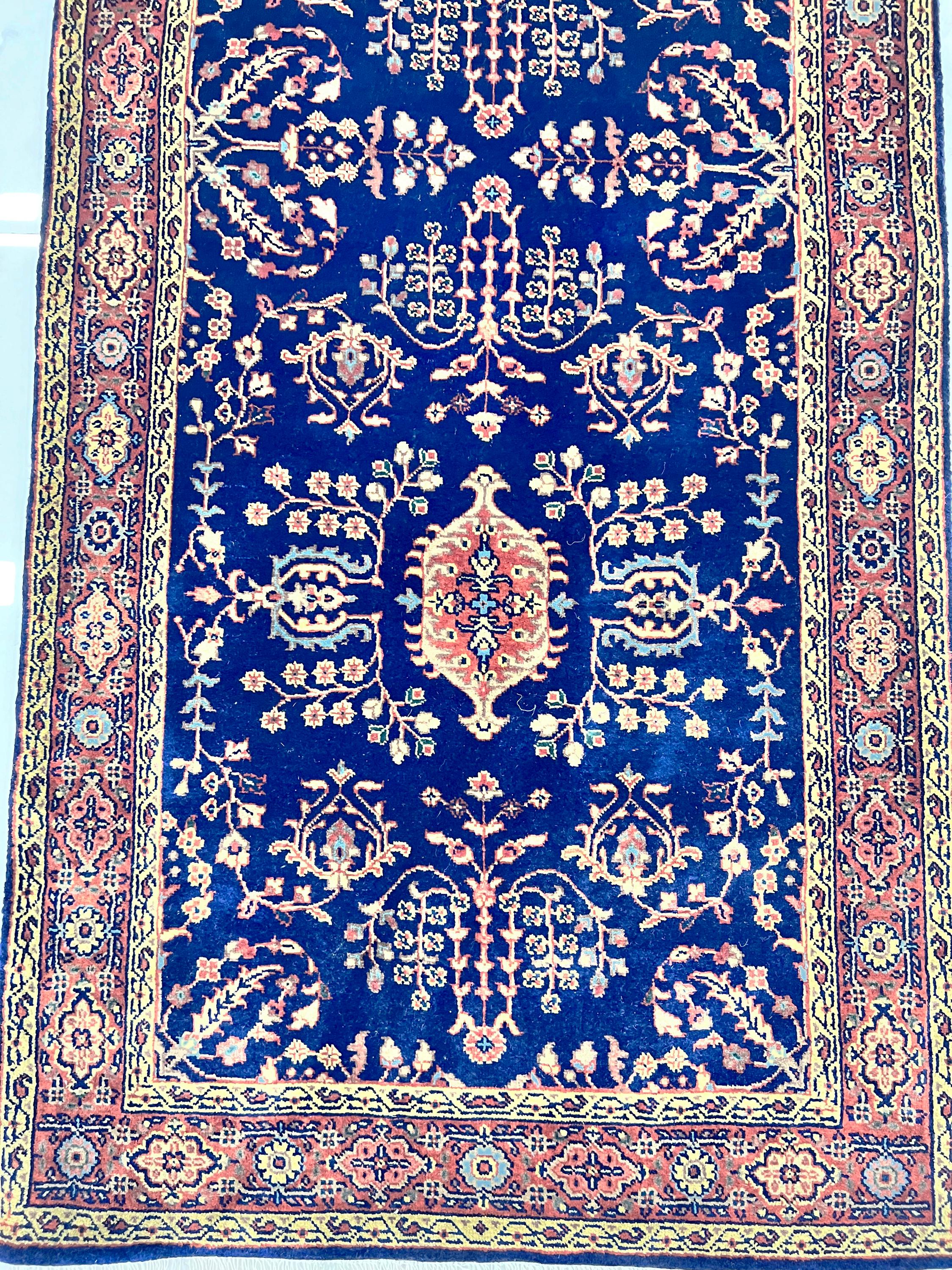 Exquisite 2.6x8.3 ft Hand-Knotted Wool Persian Runner–Deep Royal Blue Madder Red for entryway, hallway, kitchen, stairs vintage decor runner