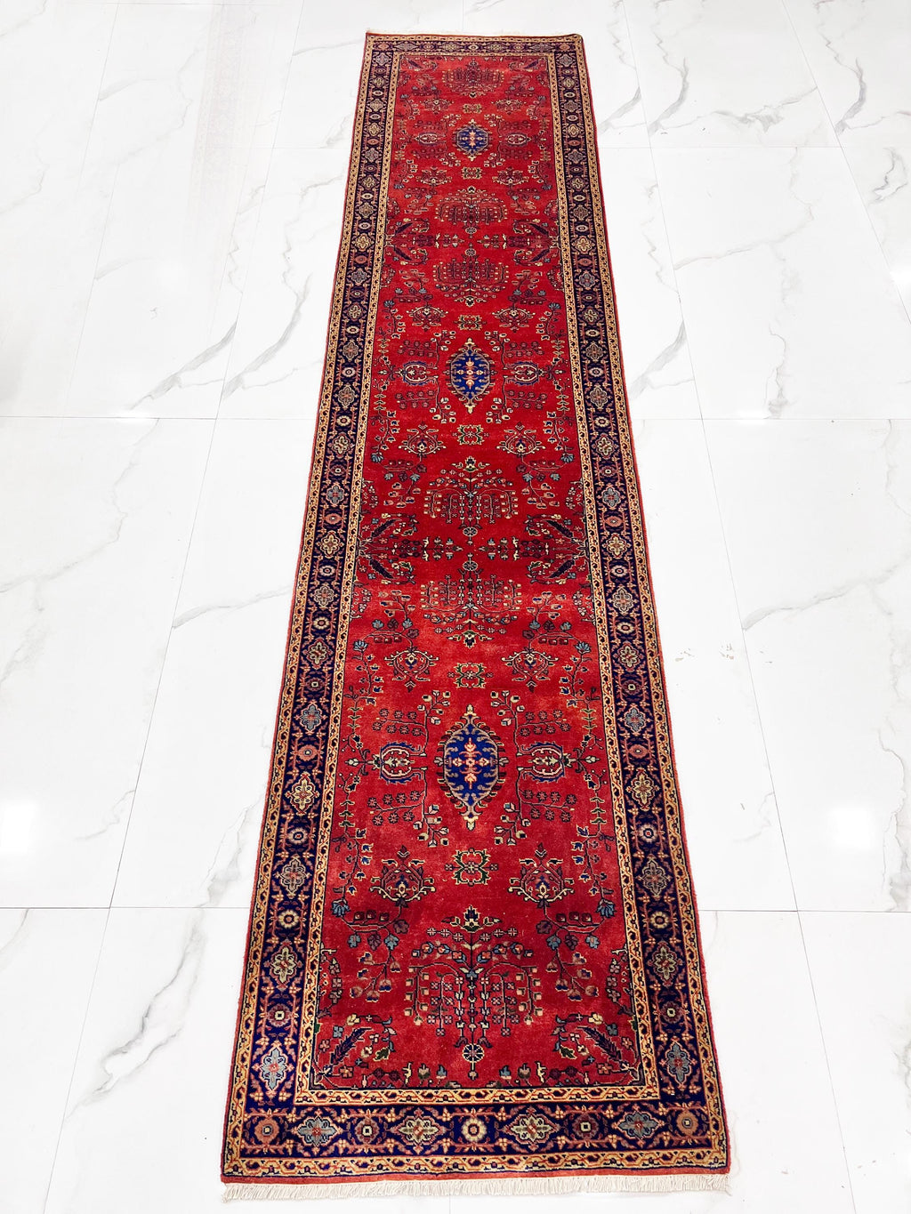 Red Persian 2.7x11.6 ft Hand-Knotted Wool Runner Long Hallway Rug - Vintage Style Medallion Runner - Artisan Woven Entryway, stairs Carpet