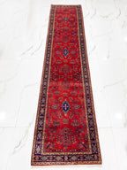 Red Persian 2.7x11.6 ft Hand-Knotted Wool Runner Long Hallway Rug - Vintage Style Medallion Runner - Artisan Woven Entryway, stairs Carpet
