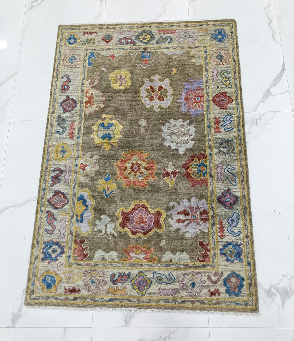 Hand Knotted Oushak Rug olive green Turkish Wool Area Rug