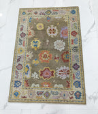 Hand Knotted Oushak Rug olive green Turkish Wool Area Rug