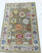 Hand Knotted Oushak Rug olive green Turkish Wool Area Rug