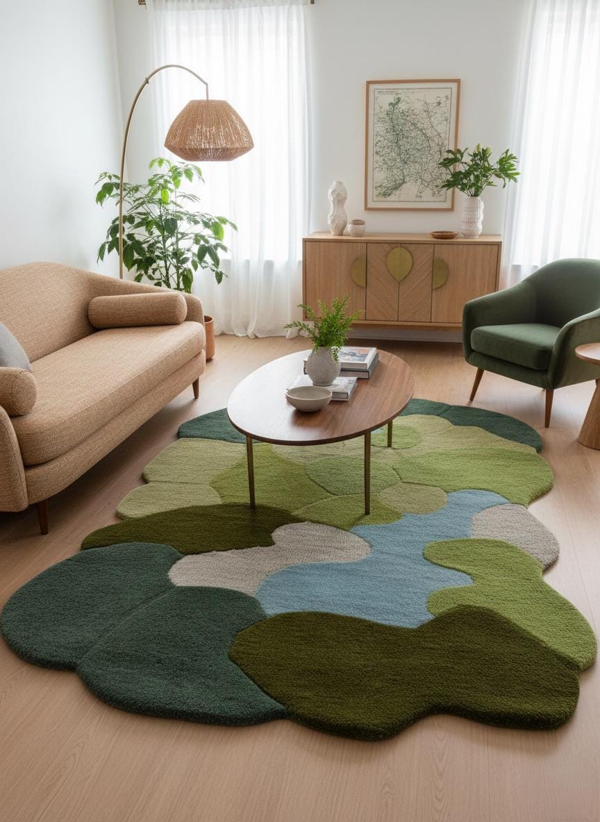 Hand Tufted Abstract Pebble Wool Area Rug – Handmade 3D Modern Moss Green Area Carpet Custom sizes -4x6 5x8 6x9 8x10 9x12 10x14 12x15