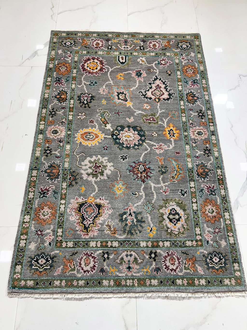 Hand Knotted Oushak Rug Grey Turkish Wool Area Rug
