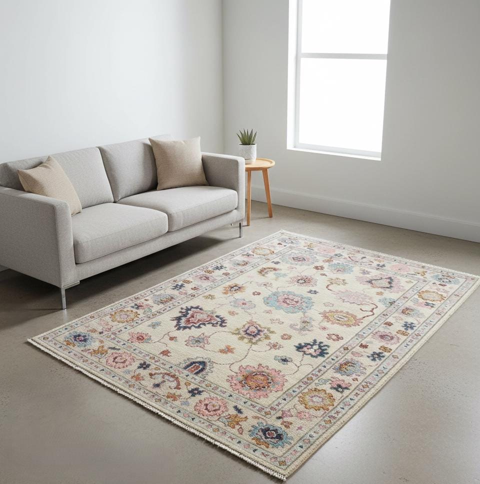 Hand Knotted Oushak Rug Ivory Turkish Wool Area Rug