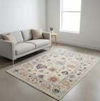 Hand Knotted Oushak Rug Ivory Turkish Wool Area Rug