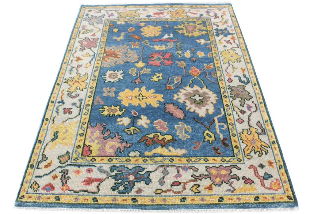 Hand Knotted Oushak Rug Blue Ivory Turkish Wool Area Rug