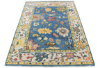 Hand Knotted Oushak Rug Blue Ivory Turkish Wool Area Rug
