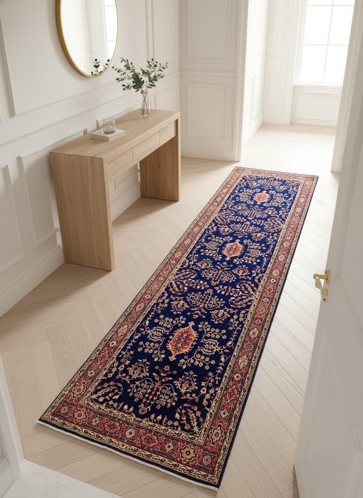 Exquisite 2.6x8.3 ft Hand-Knotted Wool Persian Runner–Deep Royal Blue Madder Red for entryway, hallway, kitchen, stairs vintage decor runner