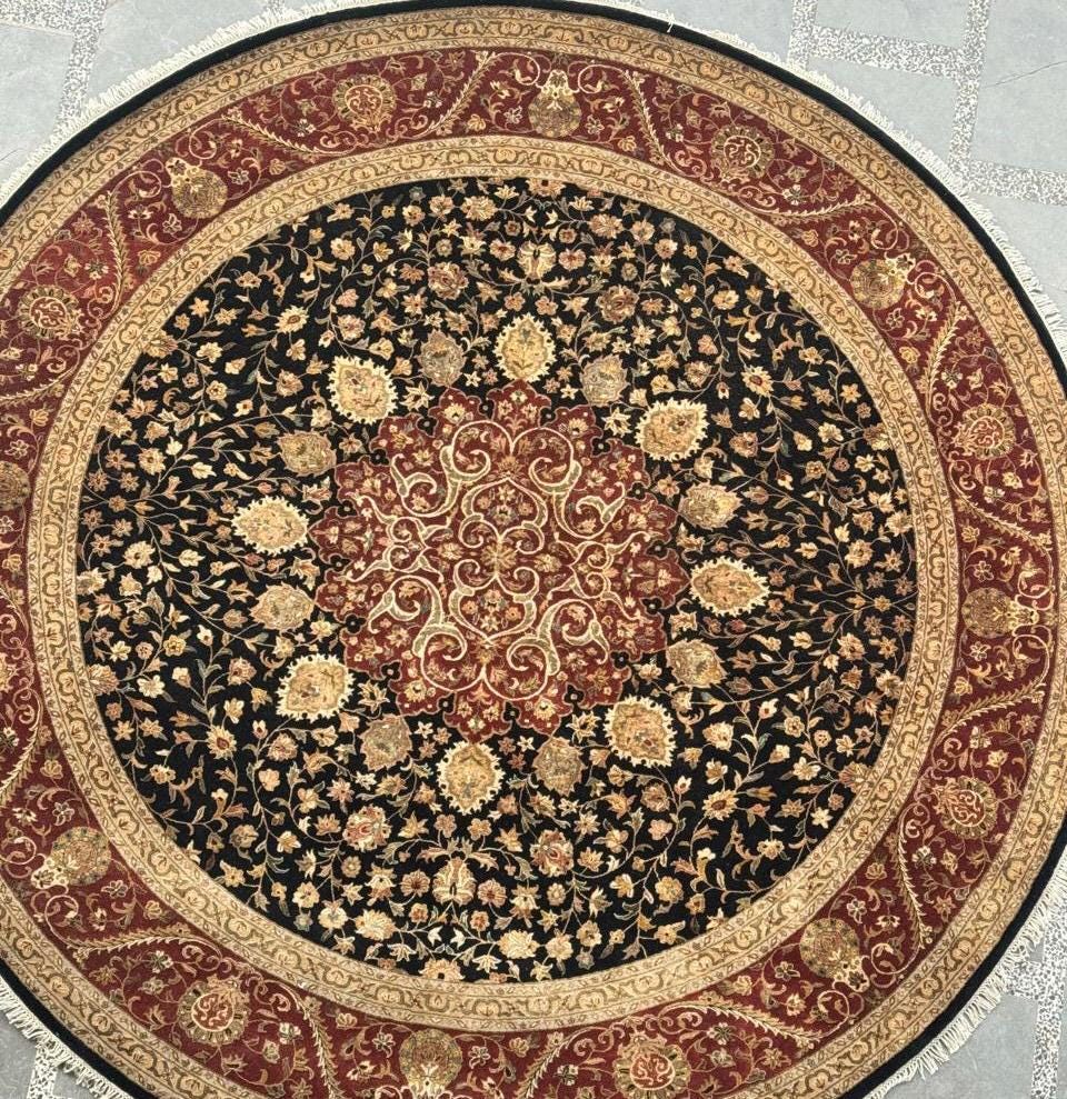 9x9 Round Hand-Knotted Wool & Silk Rug Traditional Persian Style Medallion Carpet Large Luxury Area Rug for Living Room, Dining Room