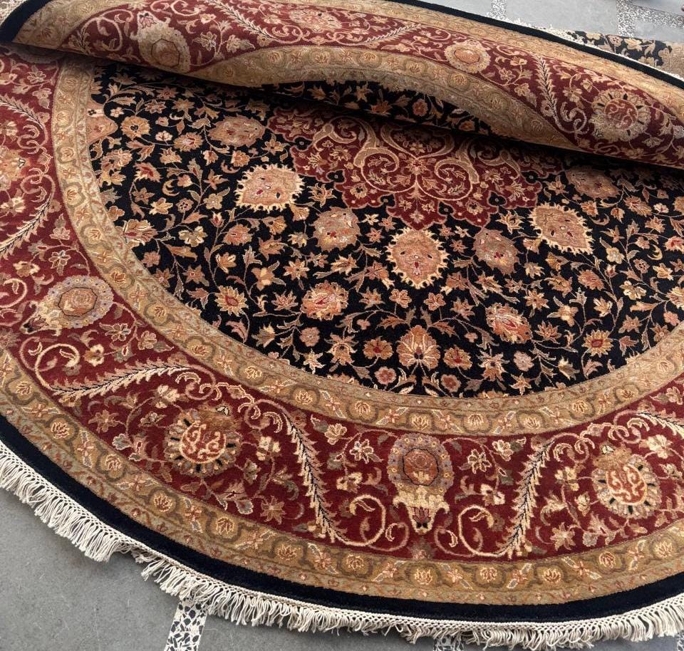 9x9 Round Hand-Knotted Wool & Silk Rug Traditional Persian Style Medallion Carpet Large Luxury Area Rug for Living Room, Dining Room