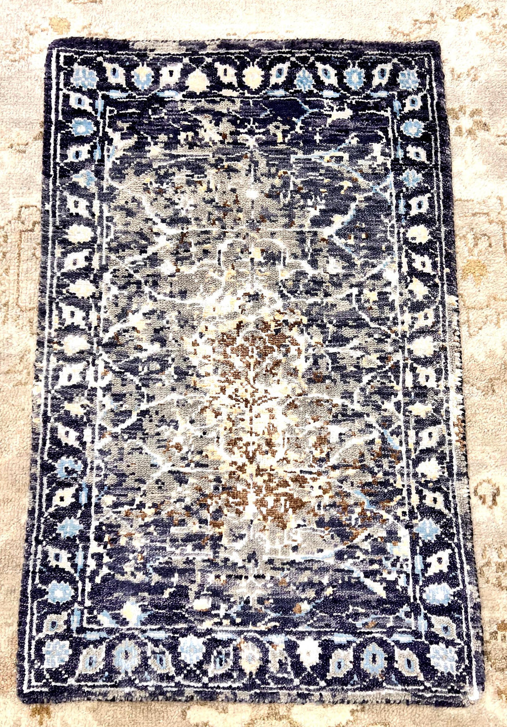 Hand-Knotted Wool Rug - 2x3 Distressed Purple Gold Medallion Oriental Rug with Pad