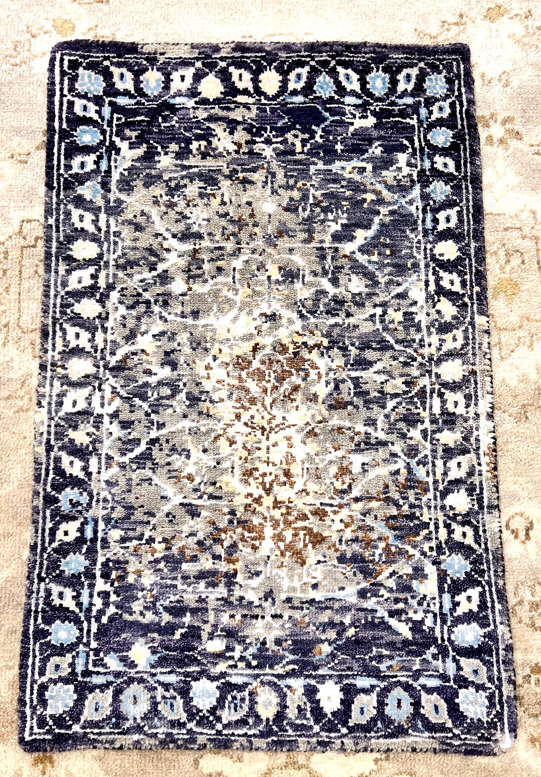 Hand-Knotted Wool Rug - 2x3 Distressed Purple Gold Medallion Oriental Rug with Pad