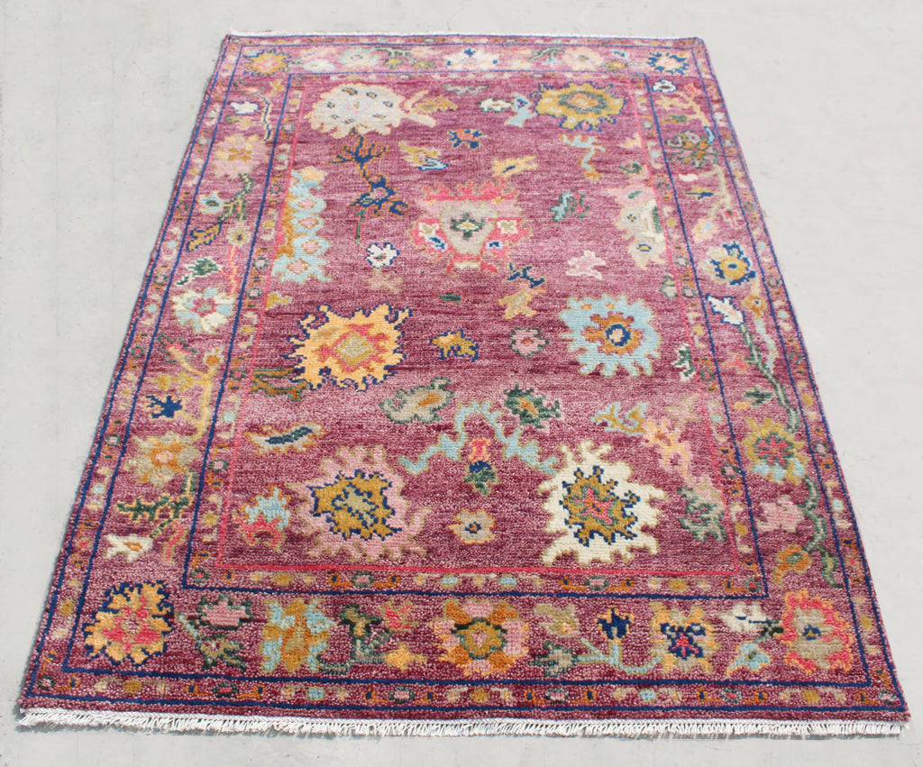 Hand knotted Oushak Rug in Vibrant Magenta, deep rose. Modern Turkish Wool Area Rug