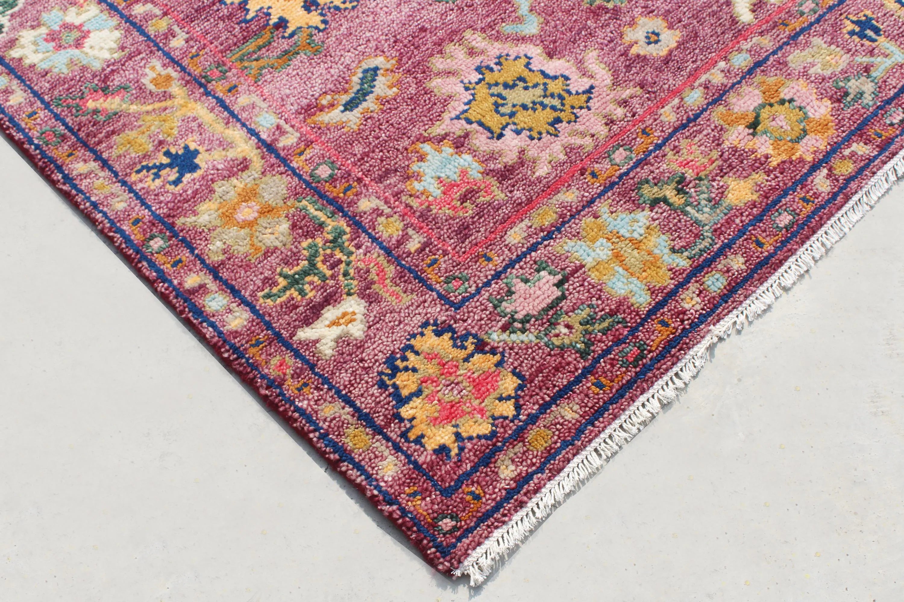 Hand knotted Oushak Rug in Vibrant Magenta, deep rose. Modern Turkish Wool Area Rug