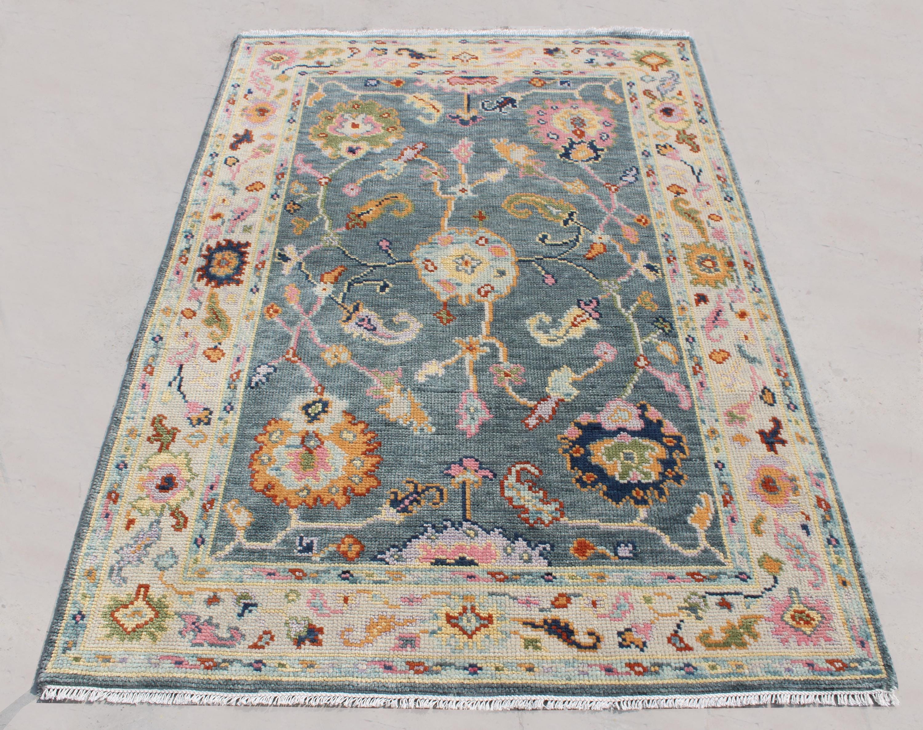 Hand Knotted Wool Oushak Rug, Slate Blue Sage Green Turkish Area Rug