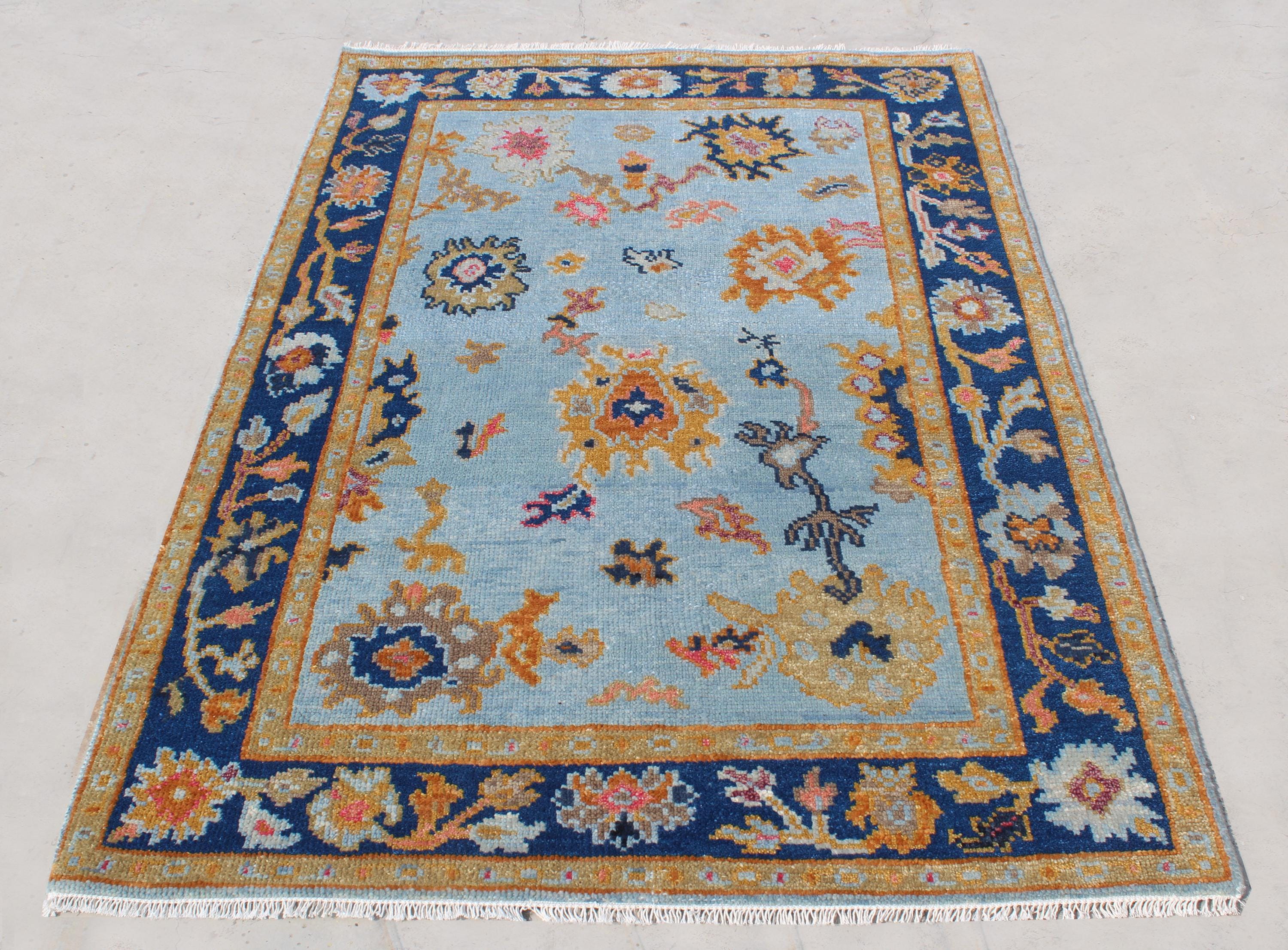 Hand Knotted Oushak Rug Blue & Gold Turkish Wool Area Rug
