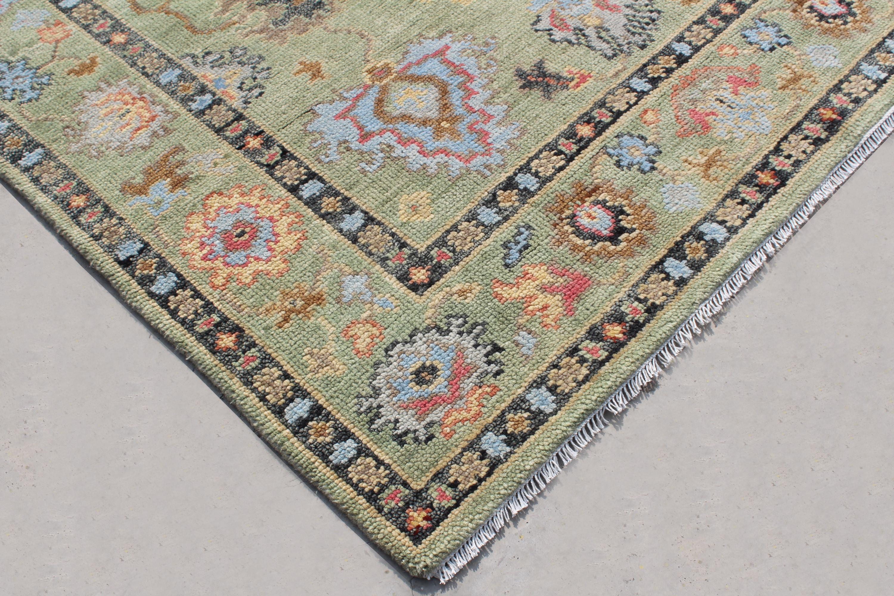 Hand Knotted Sage Green Oushak Rug, Large Floral Wool Area Rug, Muted Neutral Turkish Style Carpet for Living Room, 5x8, 6x9,8x10 9x12 10x14