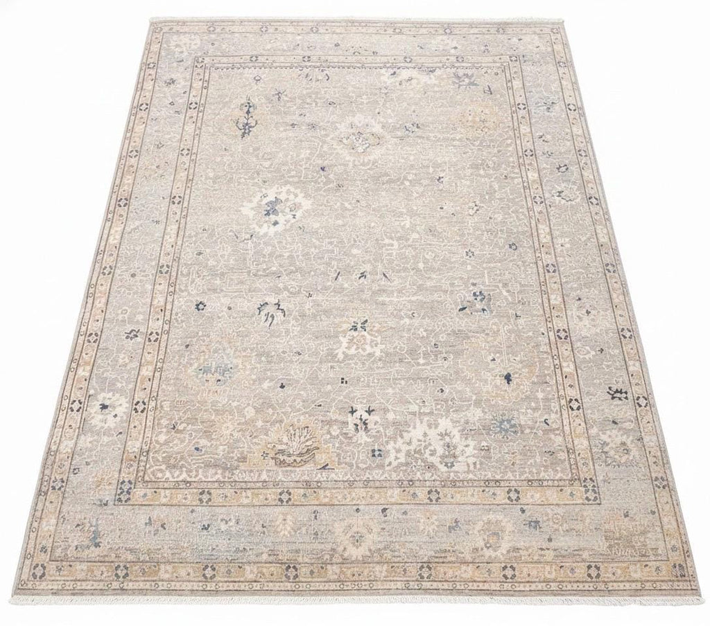 Hand-Knotted Oushak Wool Rug - Silver Grey & Muted Gold Transitional Area Rug | 8x10, 9x12, 10x14 | Traditional Persian Style Luxury Carpet