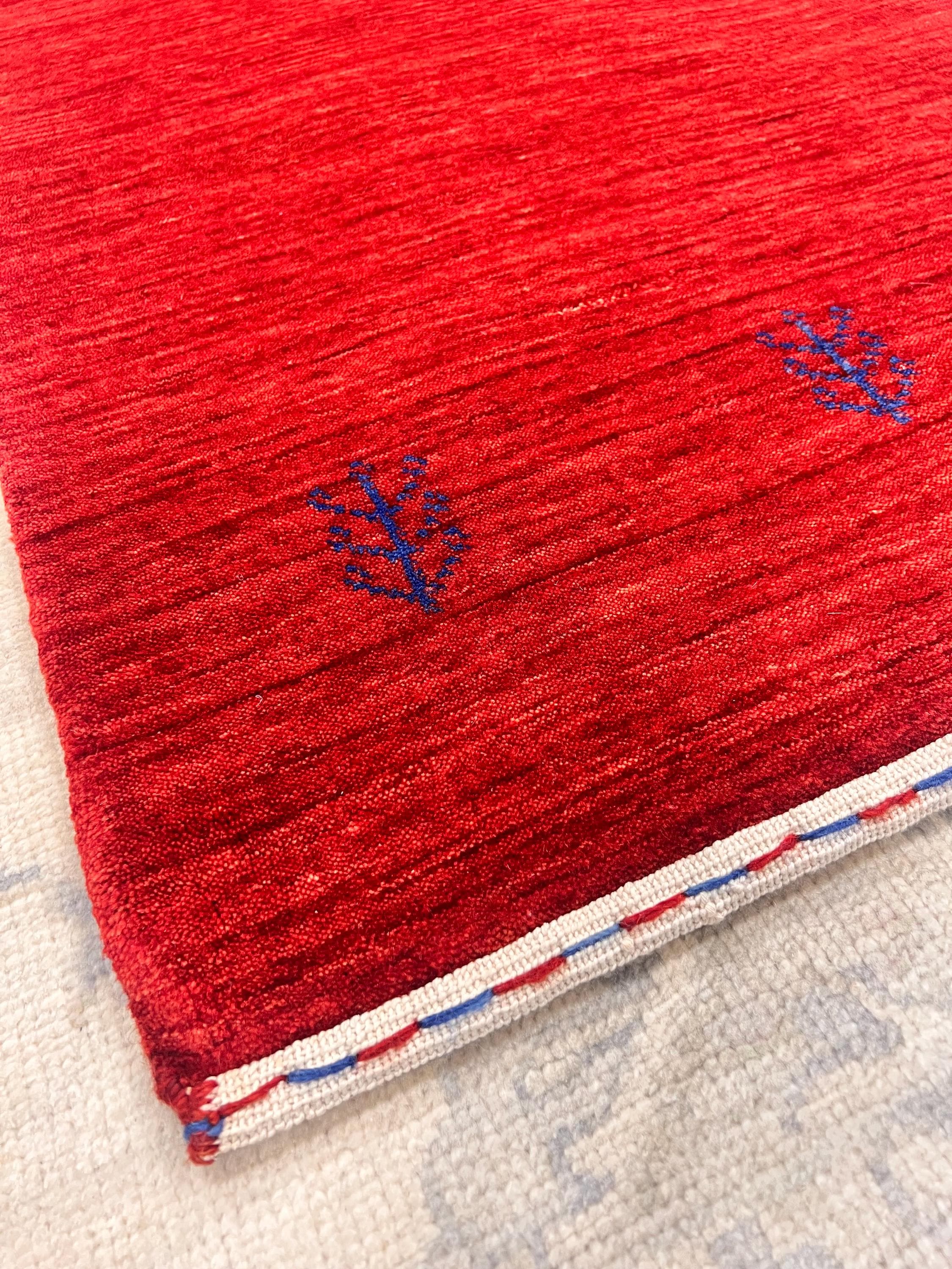 Deep Crimson Gabbeh Wool Accent rug -2x5 ft Minimalist Tribal Rug - Modern Boho Home Decor