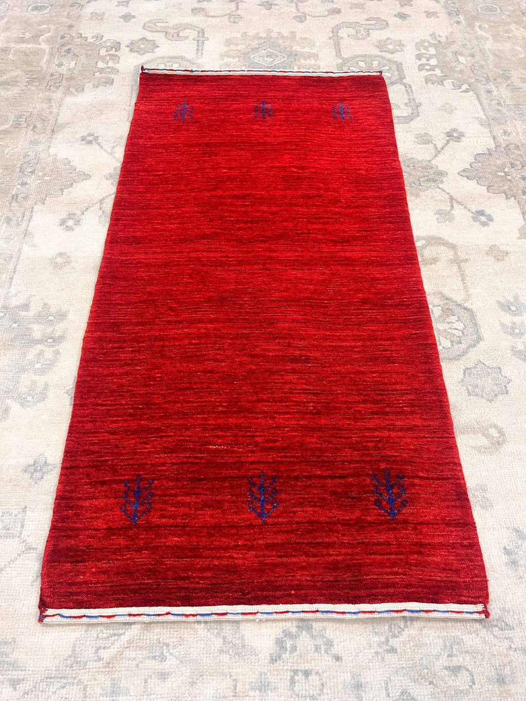 Deep Crimson Gabbeh Wool Accent rug -2x5 ft Minimalist Tribal Rug - Modern Boho Home Decor