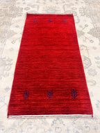 Deep Crimson Gabbeh Wool Accent rug -2x5 ft Minimalist Tribal Rug - Modern Boho Home Decor