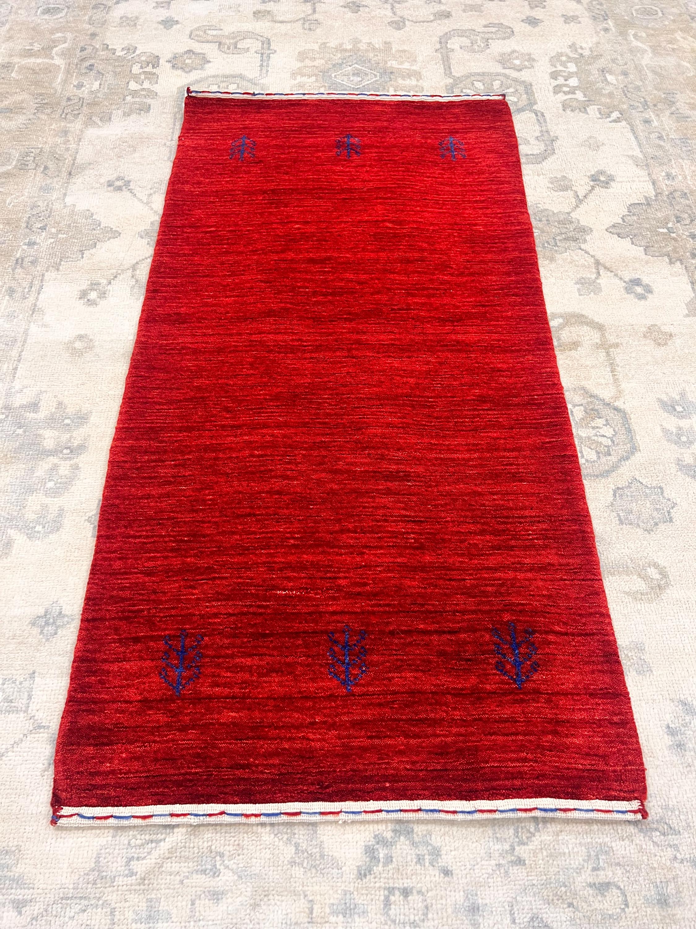 Deep Crimson Gabbeh Wool Accent rug -2x5 ft Minimalist Tribal Rug - Modern Boho Home Decor
