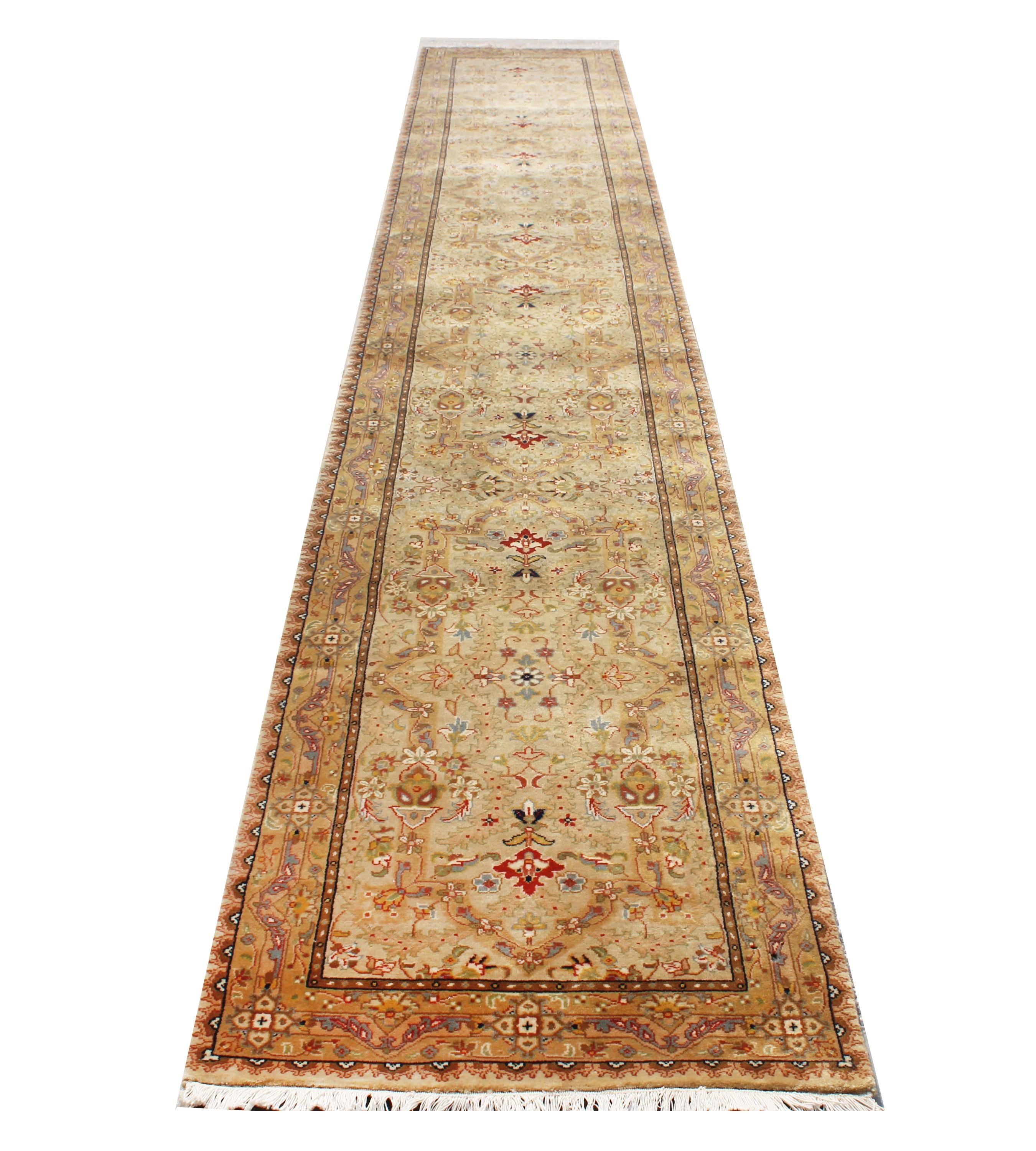 Hand-Knotted 2.7x11.10ft, 2.5x14.6 ft Gold Gold Oushak Wool Rug – Traditional Handmade, Vintage Style Medallion Runner