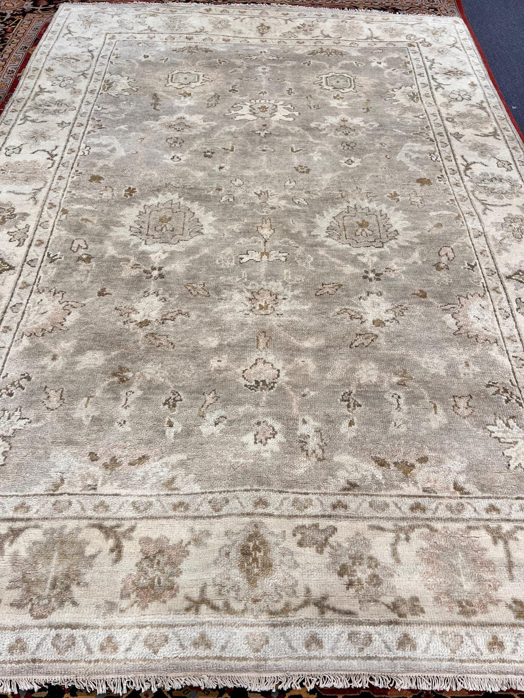 6.2x8.8 Hand-Knotted Oushak Rug, Authentic Wool Area Rug in Muted Champagne, Sage, and Sand | Traditional Turkish Style Rug for Living Room
