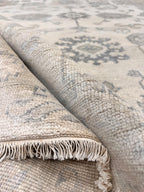 6x9 Hand-Knotted Oushak Rug, Modern Transitional Wool Area Rug, Neutral Beige & Slate Blue Turkish Style Muted Luxury Rug for Living room