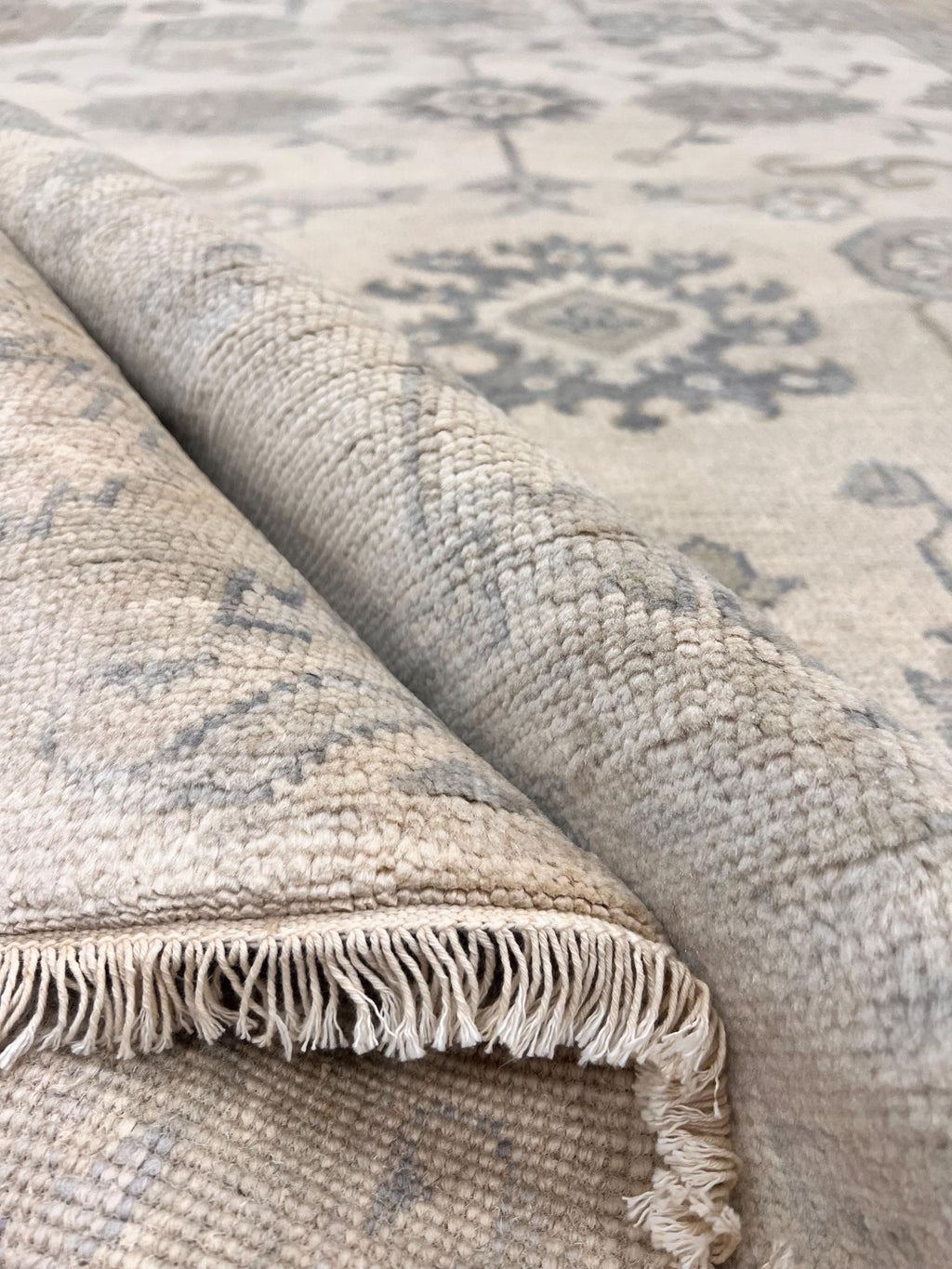 6x9 Hand-Knotted Oushak Rug, Modern Transitional Wool Area Rug, Neutral Beige & Slate Blue Turkish Rug Muted Luxury Rug for Living room